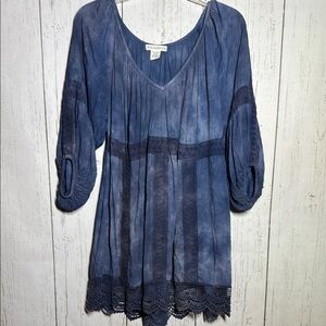 Billabong Mini Dress Womens S Blue Tie Dye Lace Trim 3/4 Sleeve Boho Tunic Top